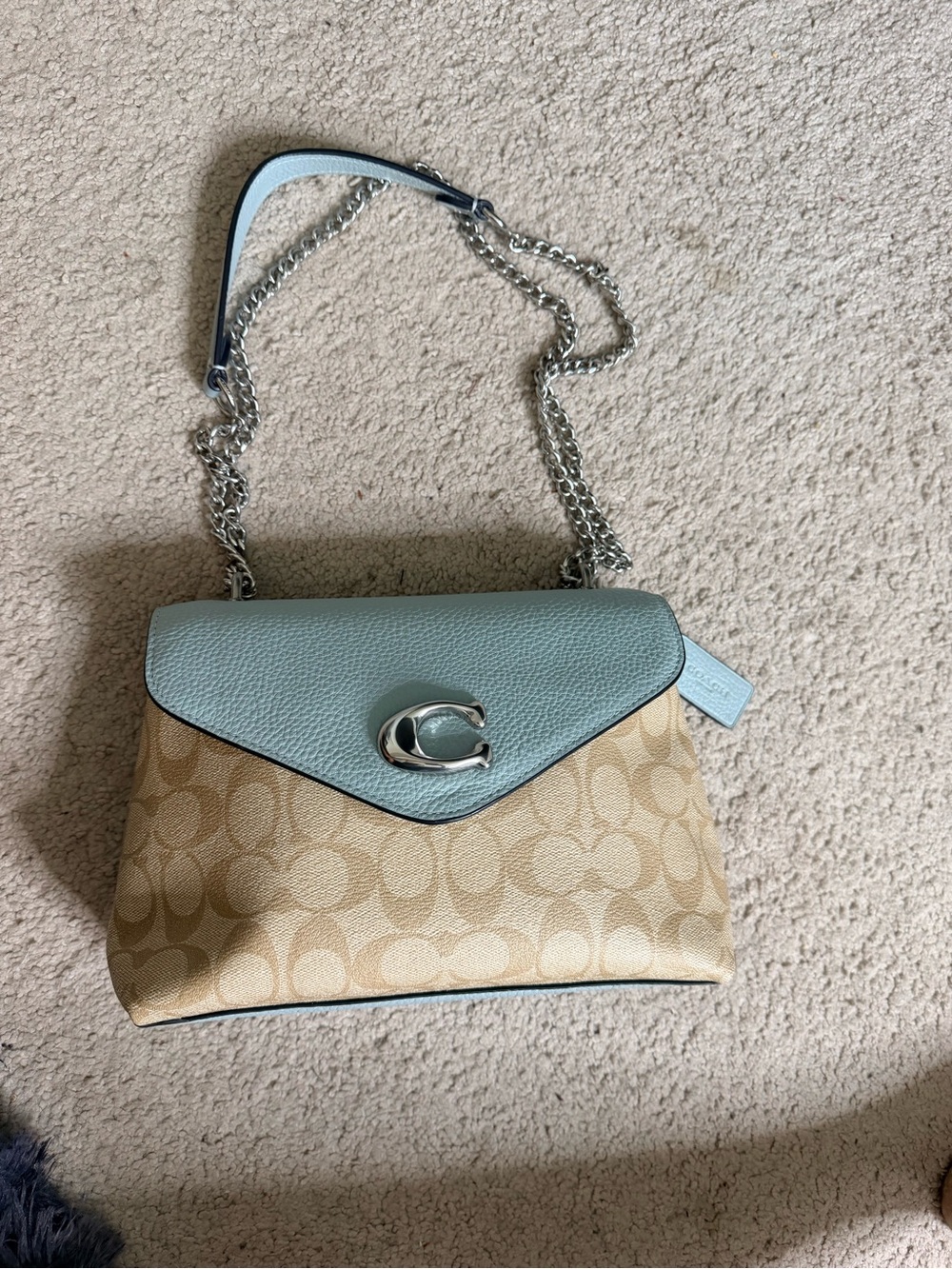 Coach Light Blue Pebble Leather Flap Signature Canvas Shoulder Bag